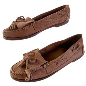 LL Bean Womens Leather Moccasin Loafers Brown‎ Size 10N Tassel Fringe Preppy